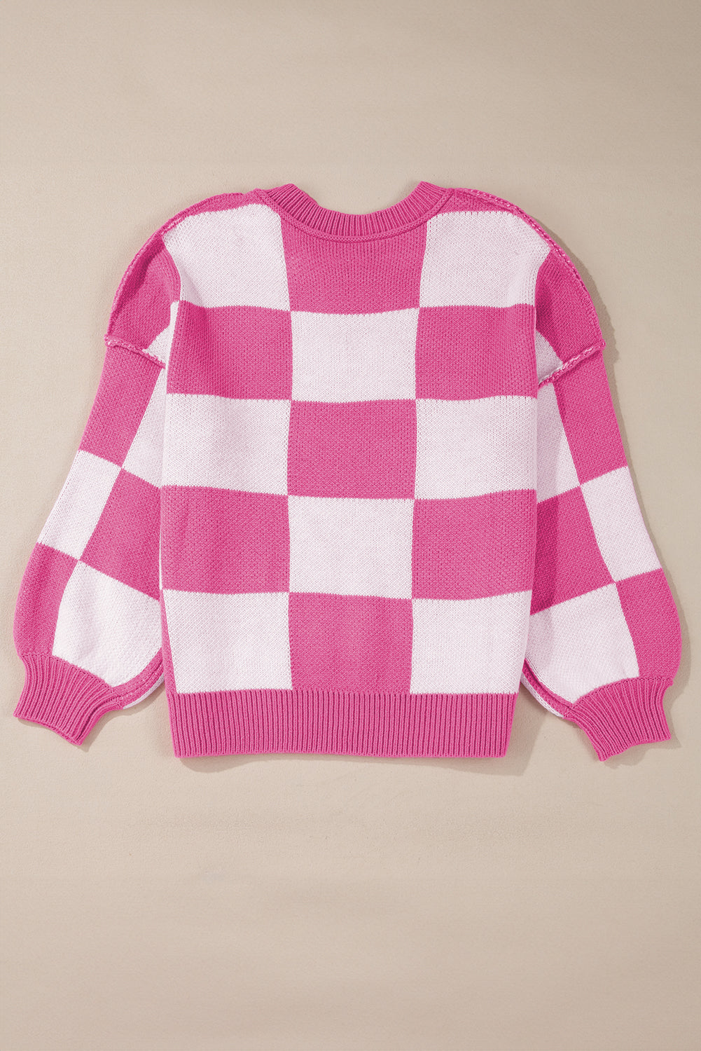 Rosy Checkered Bishop Sleeve Sweater