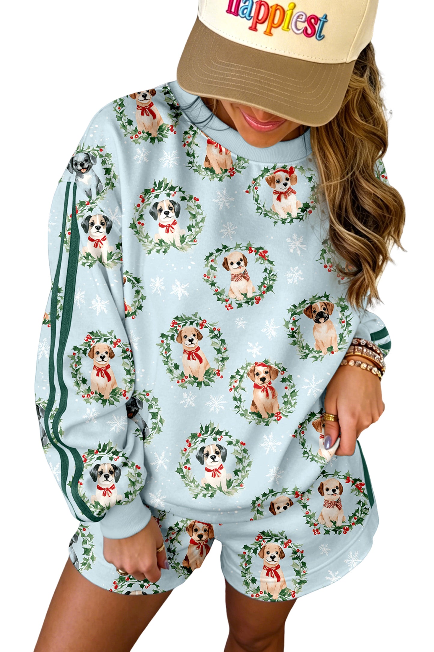Sky Blue Holiday Puppies Wreath Print Pocket Sweatshirt and Shorts Set