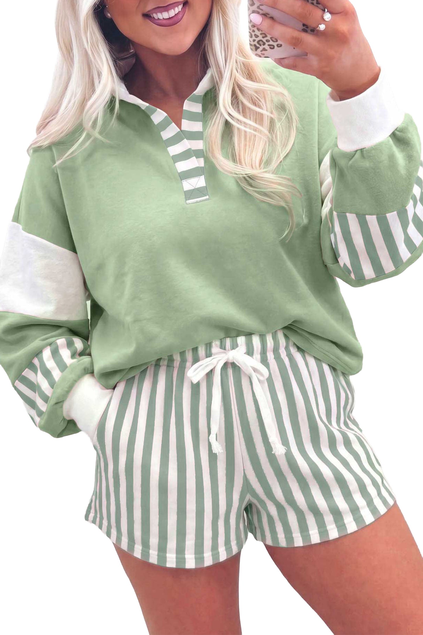 Smoke Green Striped Color Block Pullover Top Drawstring Shorts Set