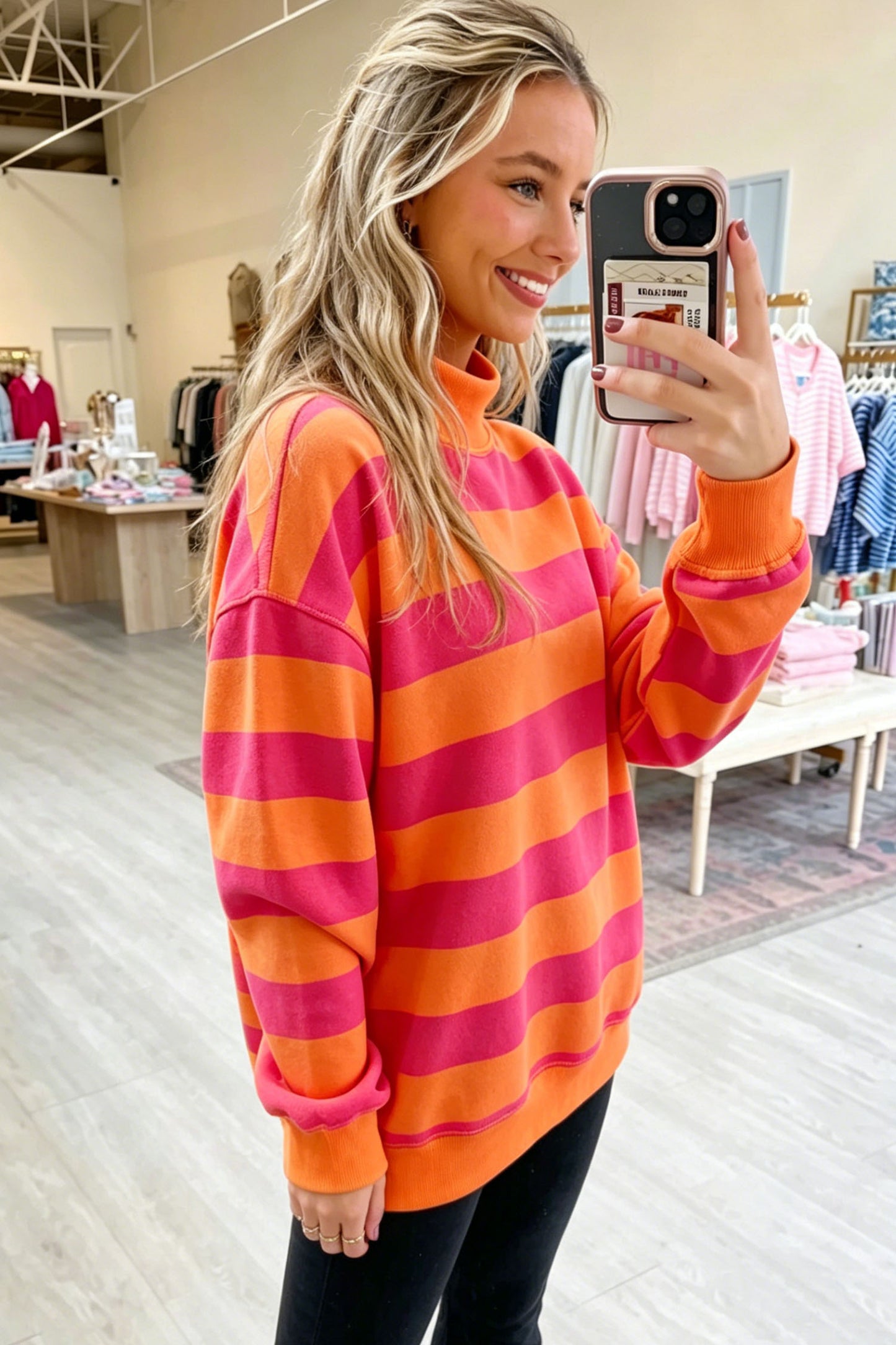 Rose Stripe Colorblock Mock Neck Relaxed Sweatshirt