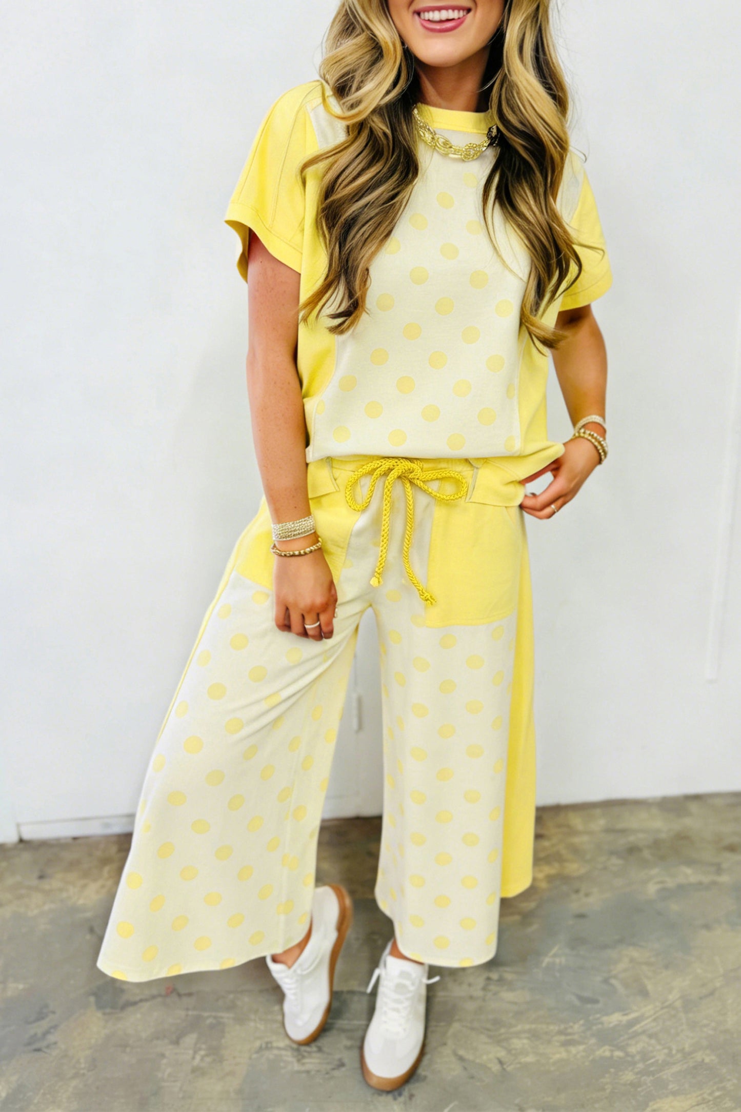 Yellow Color Block Patchwork Polka Dot Wide Leg Pant Set pre order