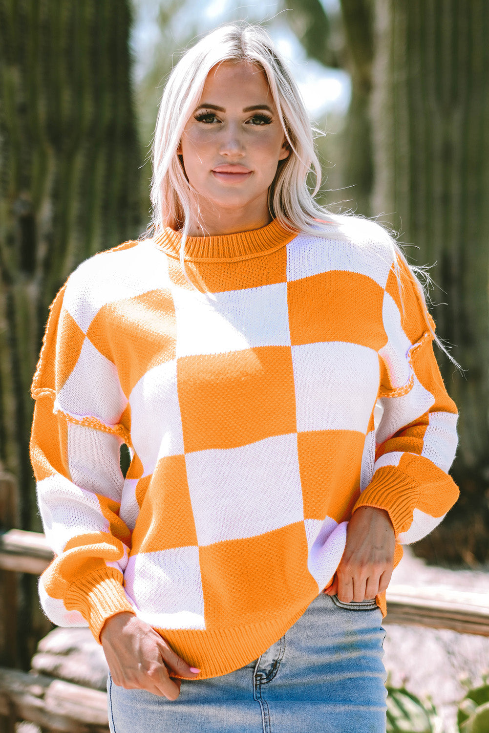 Rosy Checkered Bishop Sleeve Sweater