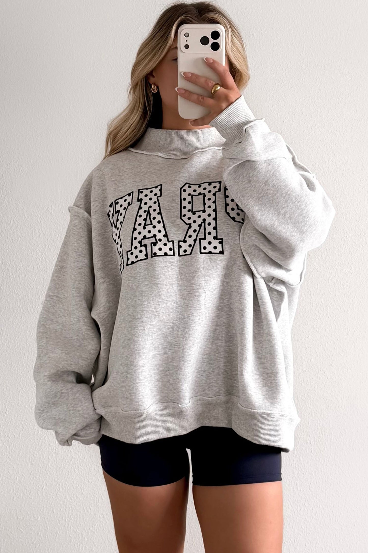 Gray PRAY Polka Dot Embroidered Mock Neck Sweatshirt