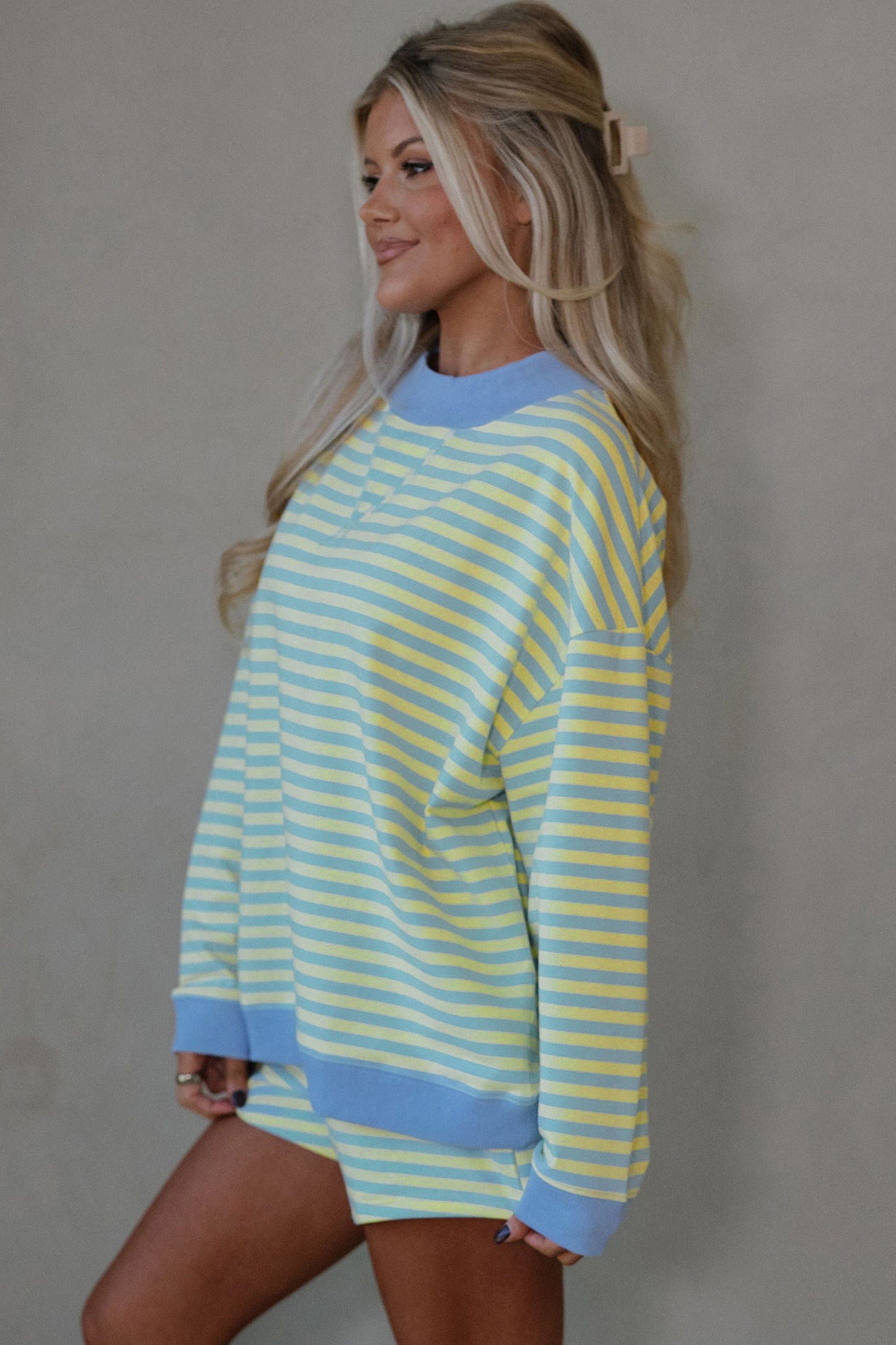 Green Stripe Color Block Detail Long Sleeve Pullover Elastic Waist Pull On Shorts 2pcs Set