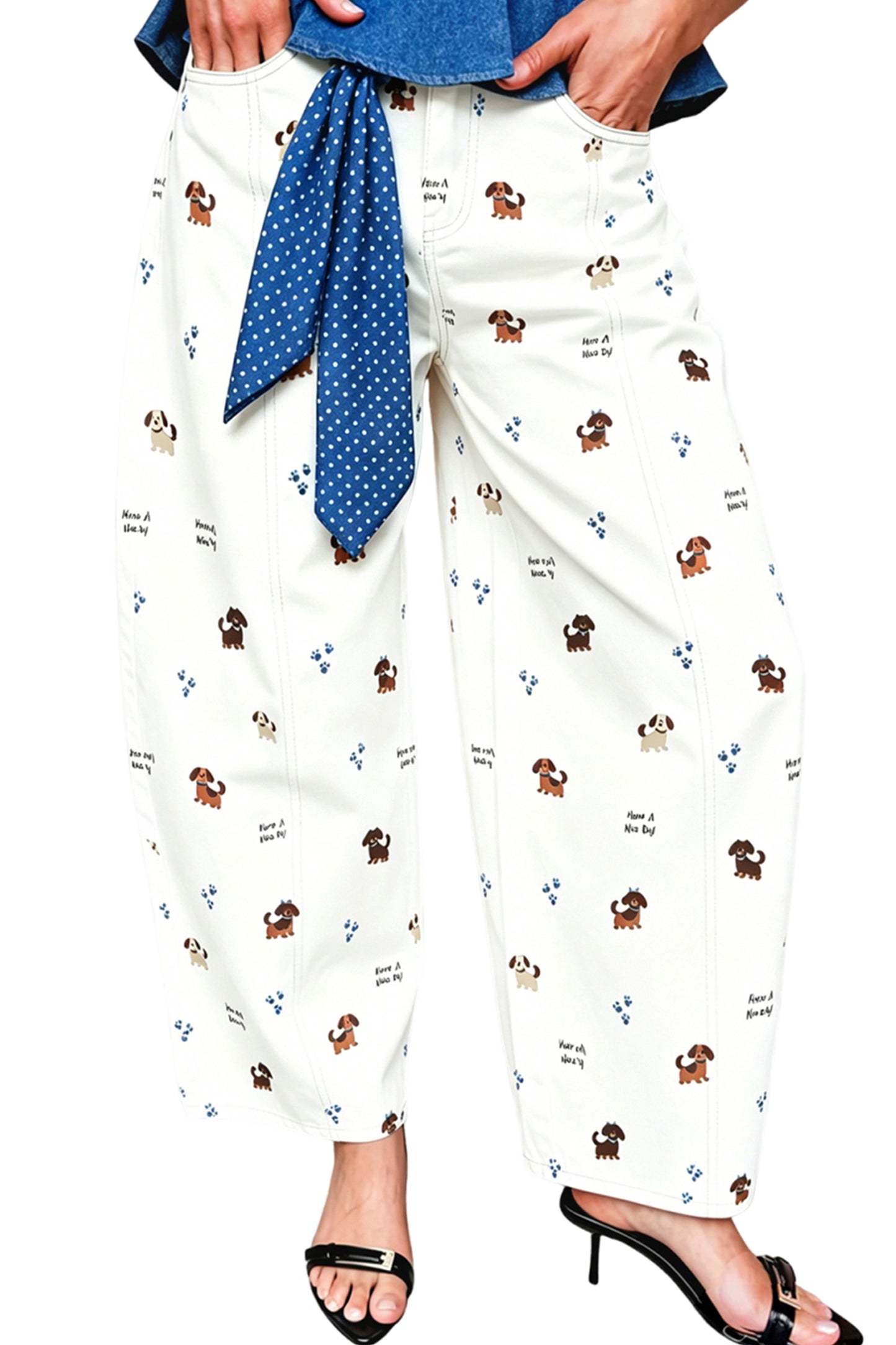 White Abstract Dog Print Wide Leg Full-Length Jeans