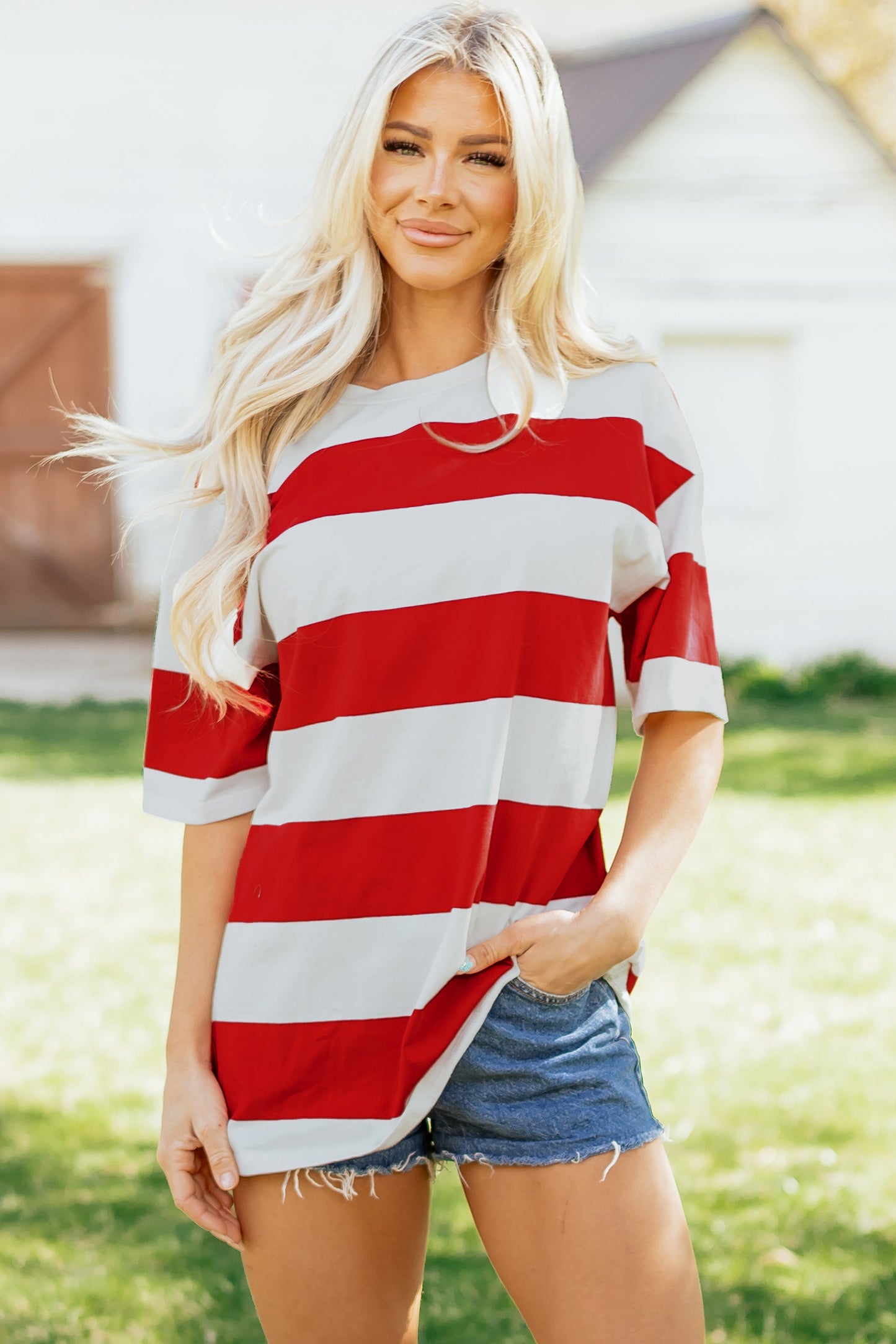 Bright Pink Striped Color Block Oversize Tunic Tee