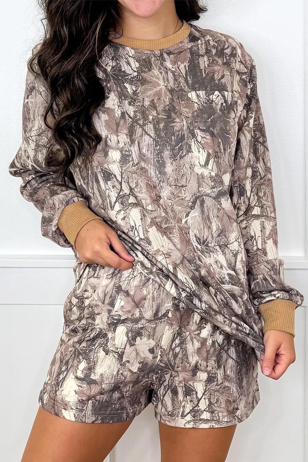 Khaki Camo  Long Sleeve Pullover Shorts Set
