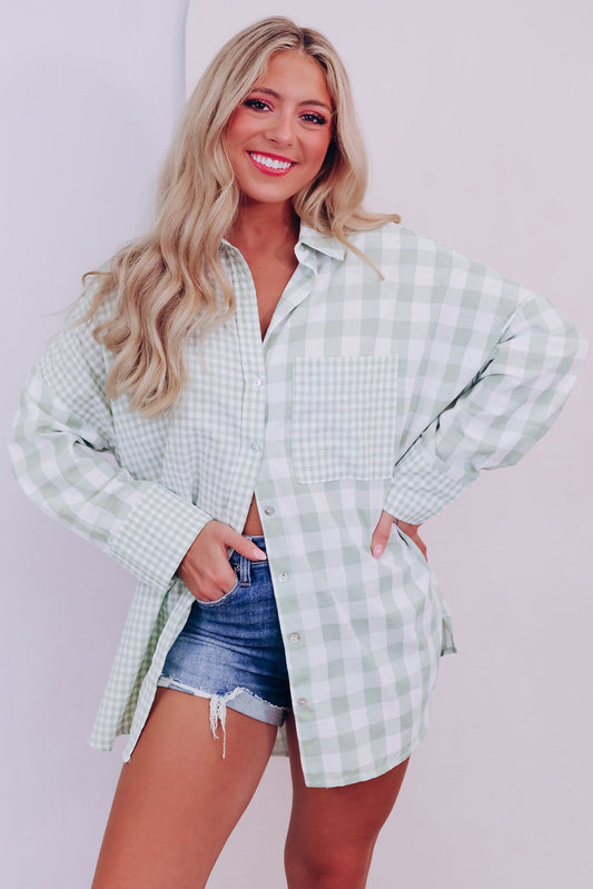 Green Mix Checked Patchwork Long Sleeve Shirt