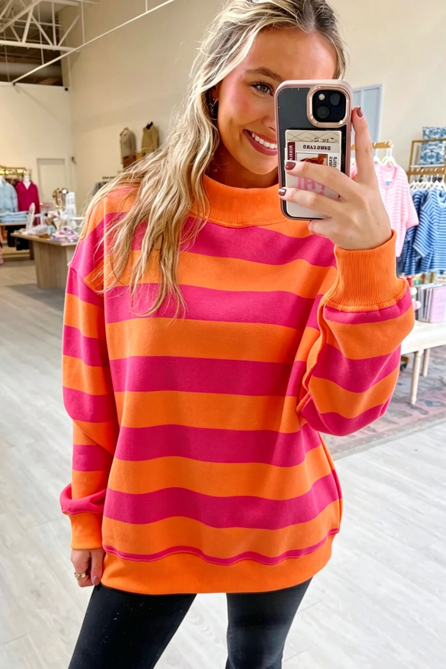 Rose Stripe Colorblock Mock Neck Relaxed Sweatshirt