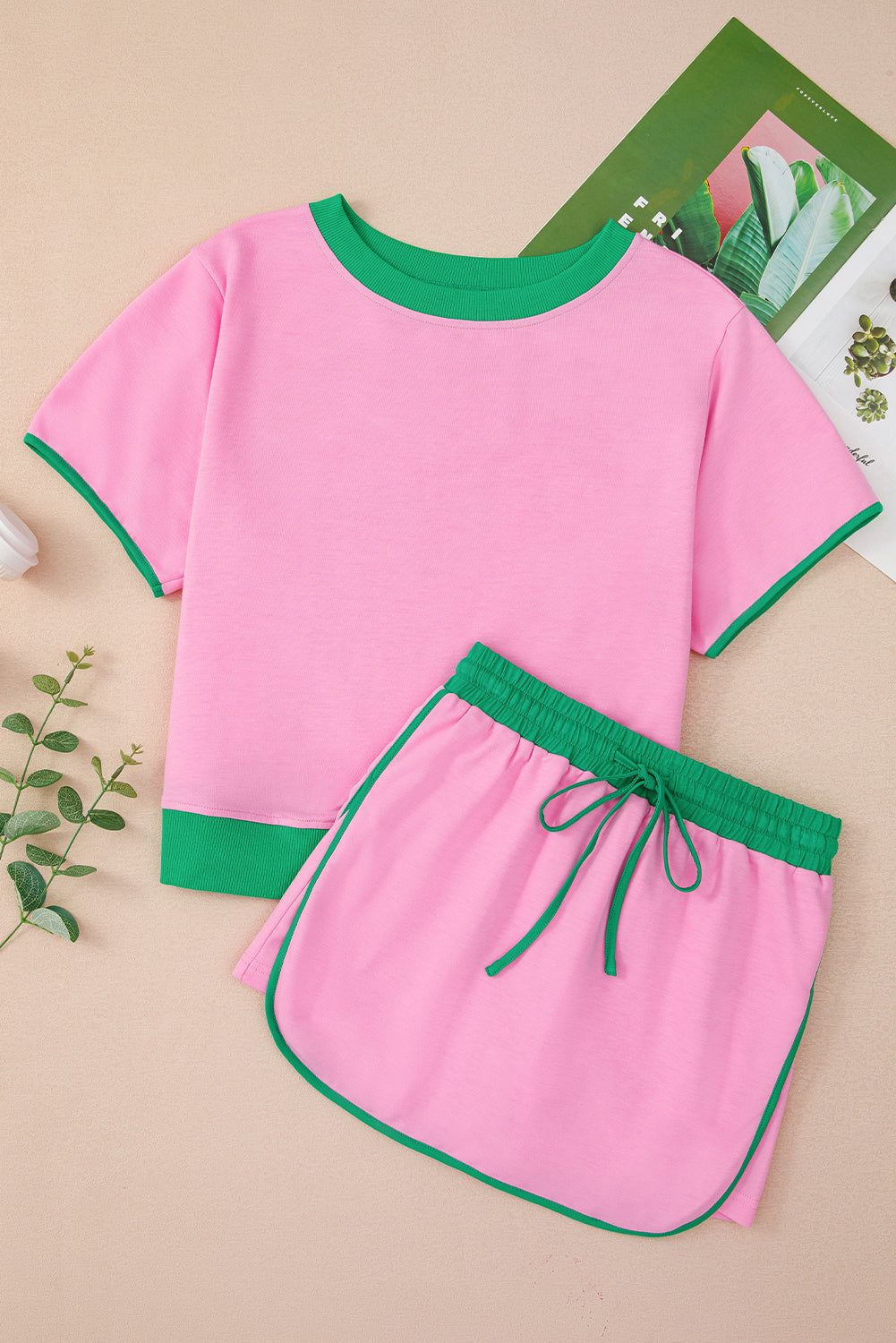 Black Colorblock Edge Drop Shoulder T Shirt and Skort 2Pcs Set