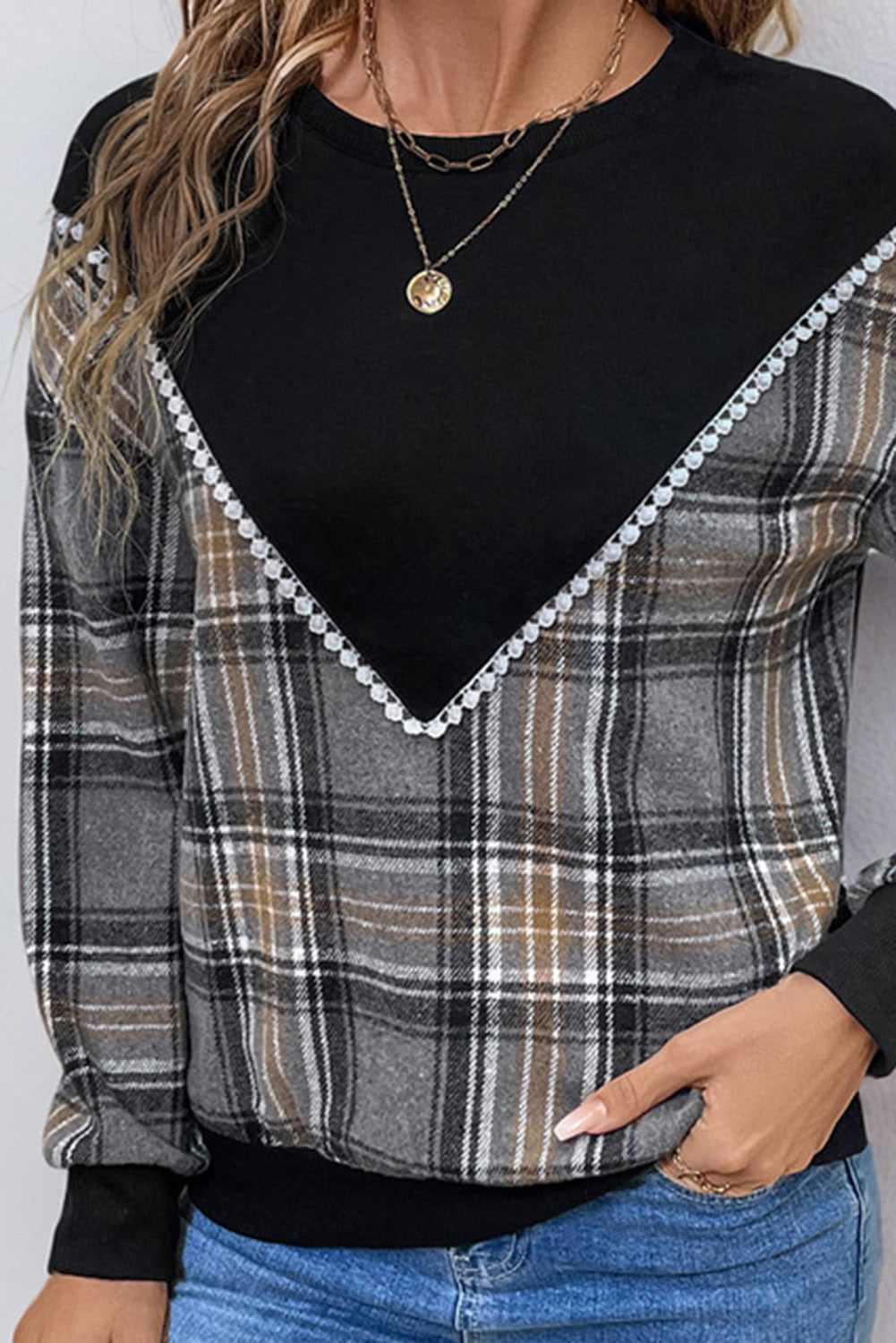 Black Plaid Patchwork Crew Neck Sweatshirt