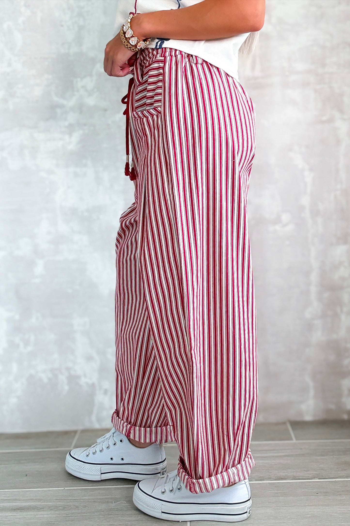 Red Stripe Drawstring Casual Loose Pants