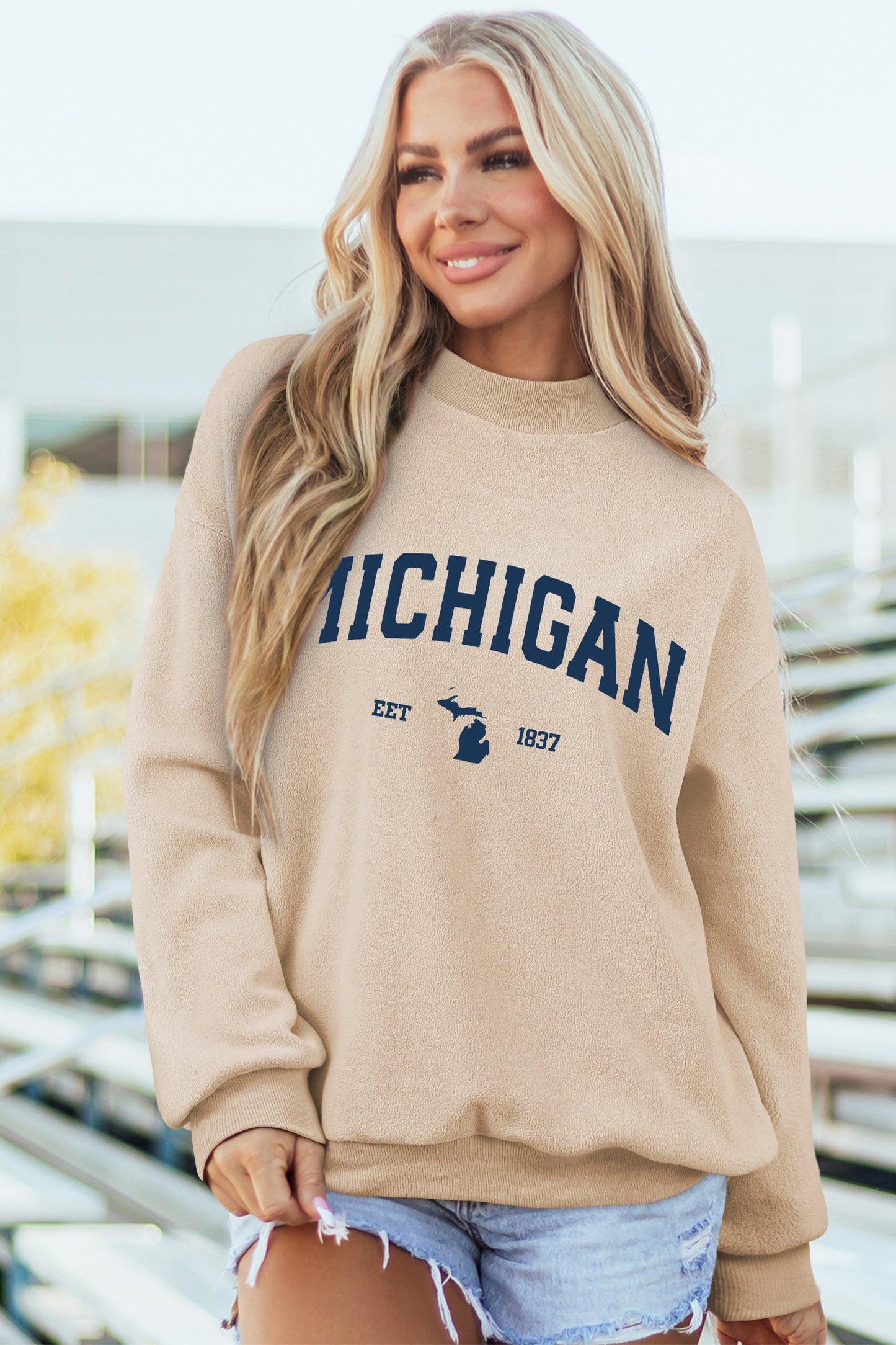 Apricot MICHIGAN FOOTBALL Double Side Printed Reversible Mock Neck Sweatshirt