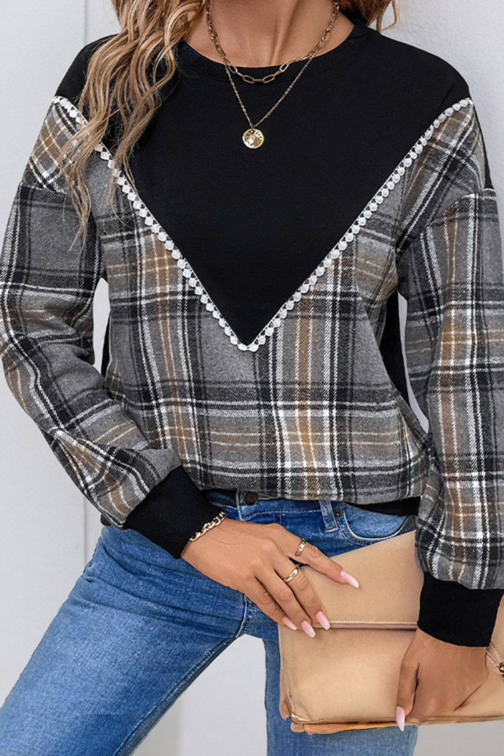 Black Plaid Patchwork Crew Neck Sweatshirt