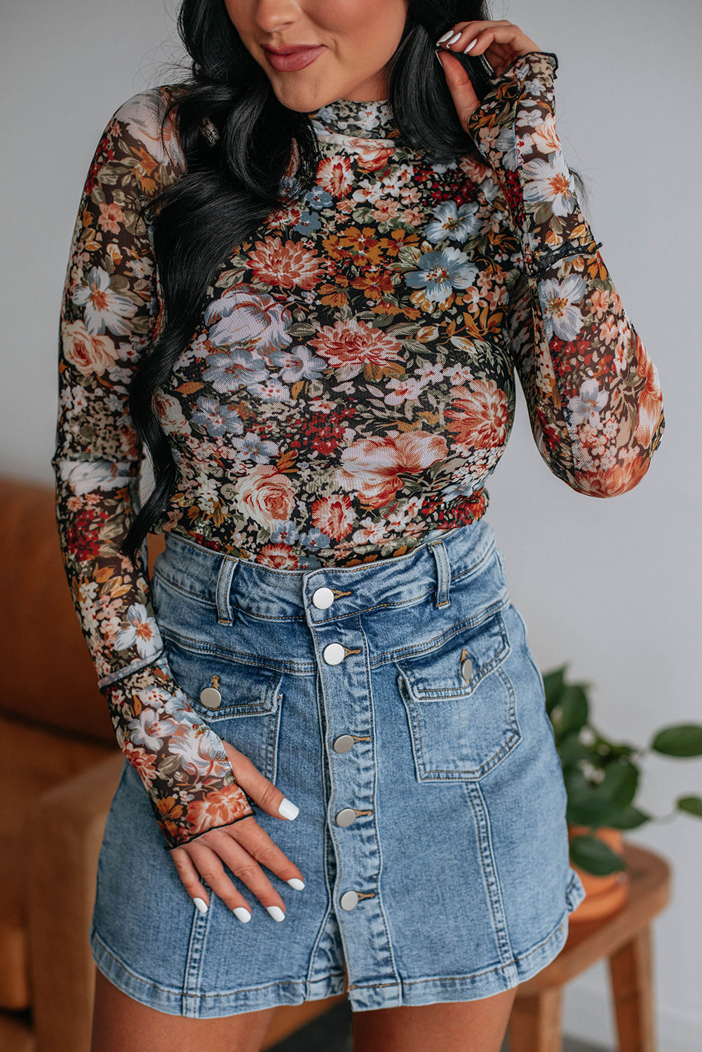 Sierra Floral Long Sleeve Mesh Blouse