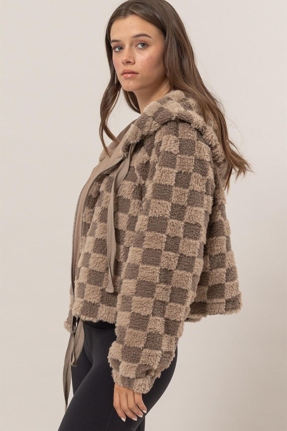 Sophia Sherpa Checkered Hooded Jacket