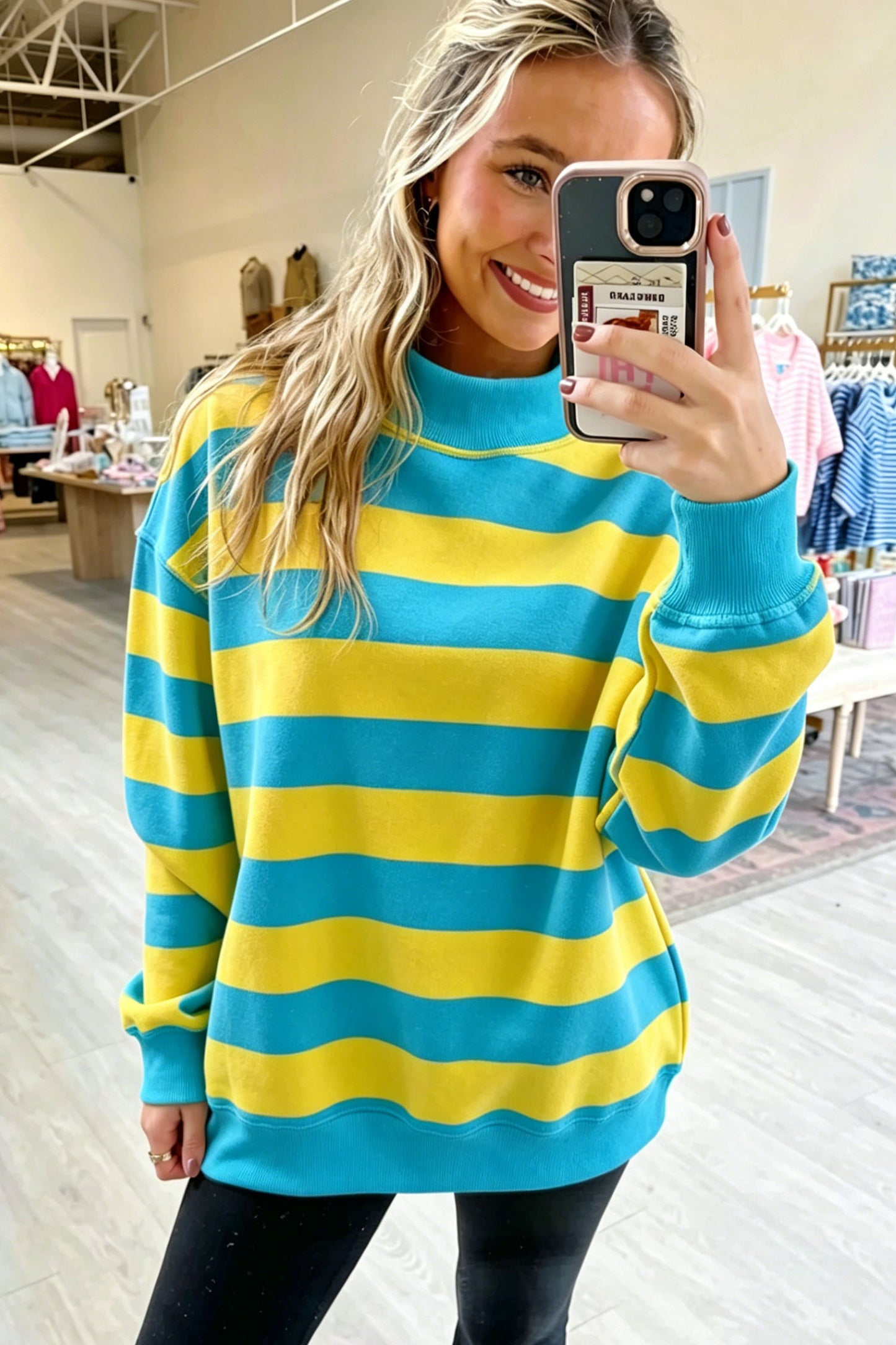 Rose Stripe Colorblock Mock Neck Relaxed Sweatshirt