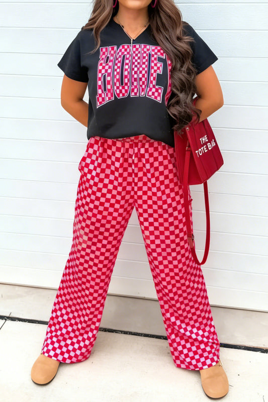 Black V Neck HONEY Tee Contrasted Checkered Pant Set