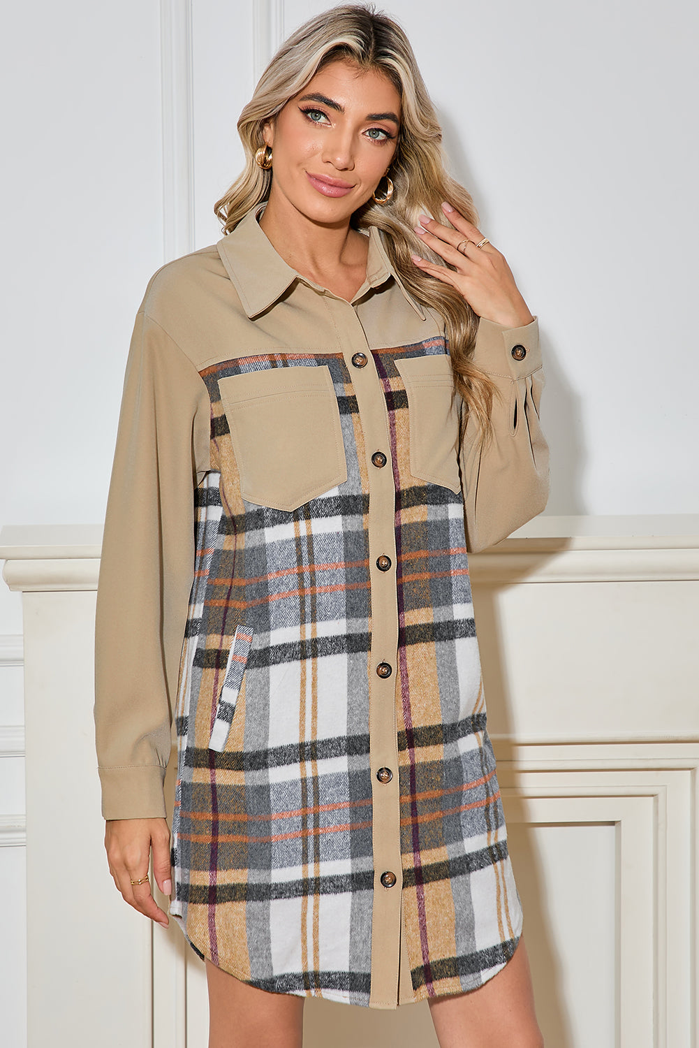 Khaki Plaid Patchwork Long Sleeve Jacket