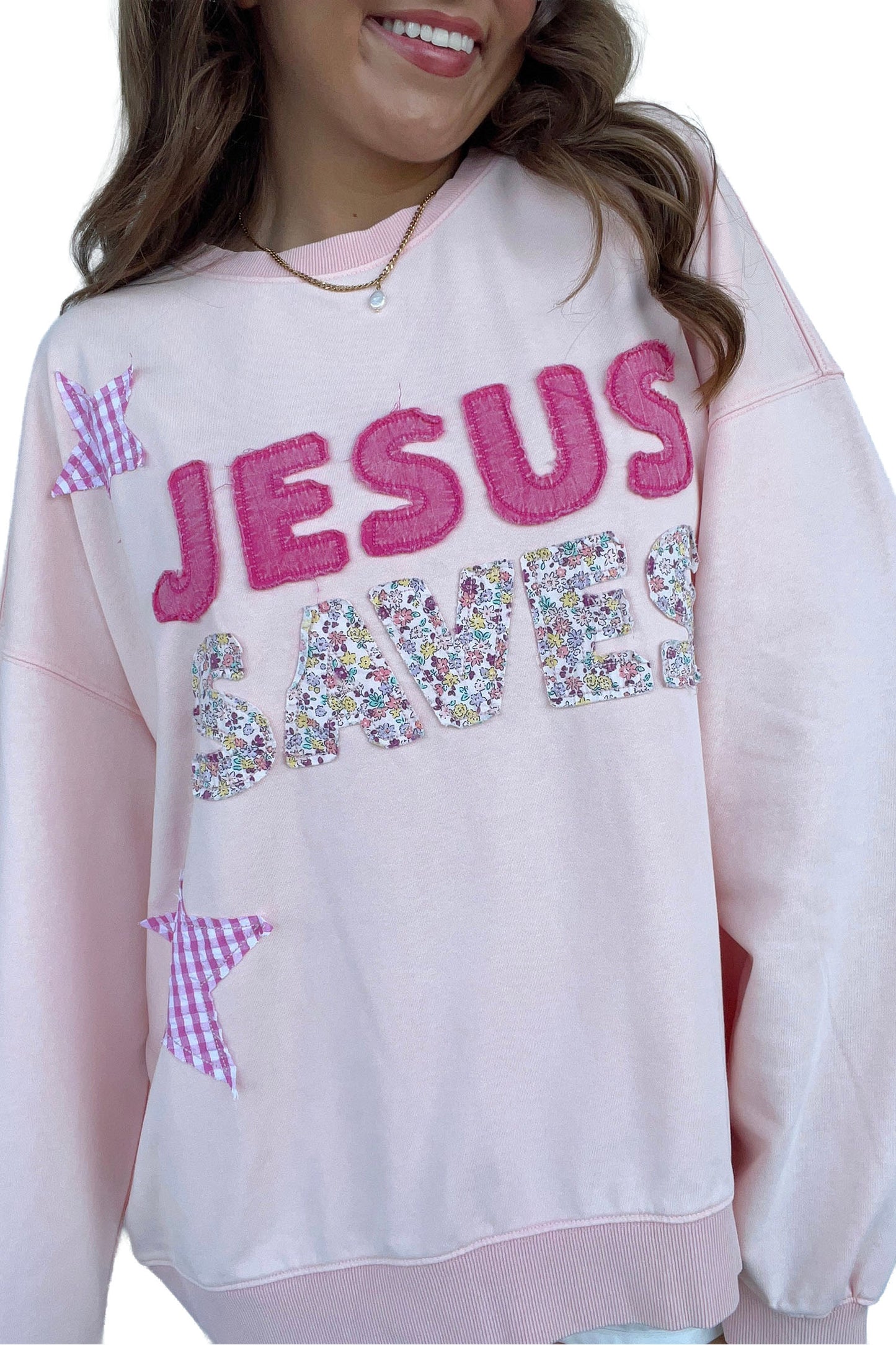 Pink Patchwork Stars Plaid Unique Floral Letters Baggy Sweatshirt