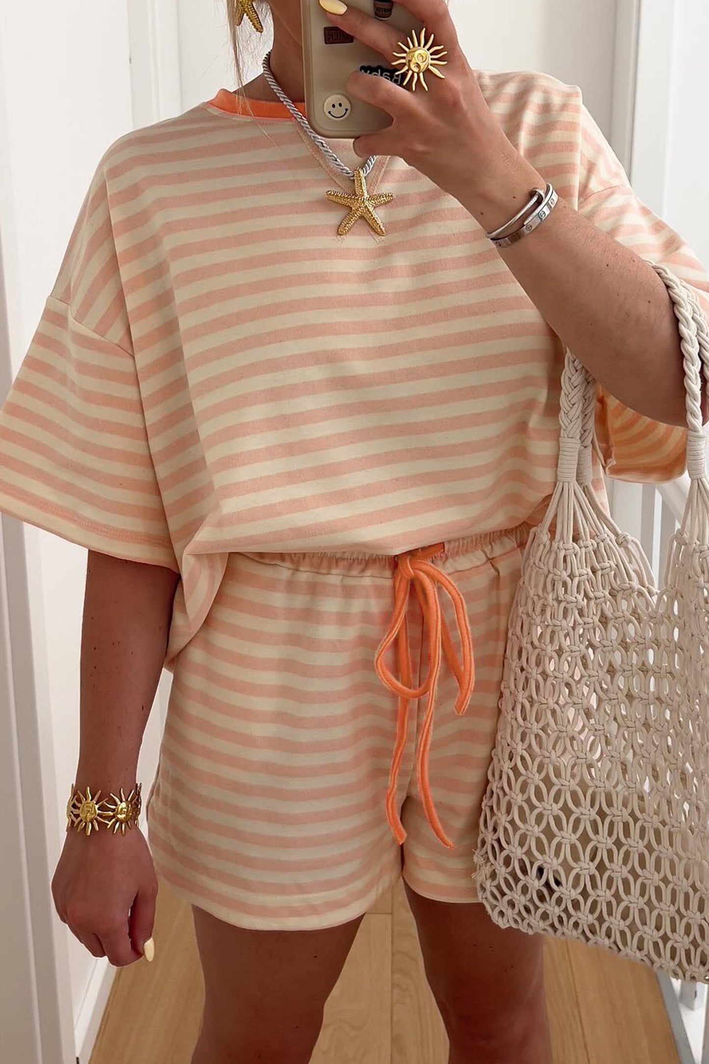 Sky Blue Stripe Contrast Neck Loose Tee and Drawstring Shorts Set