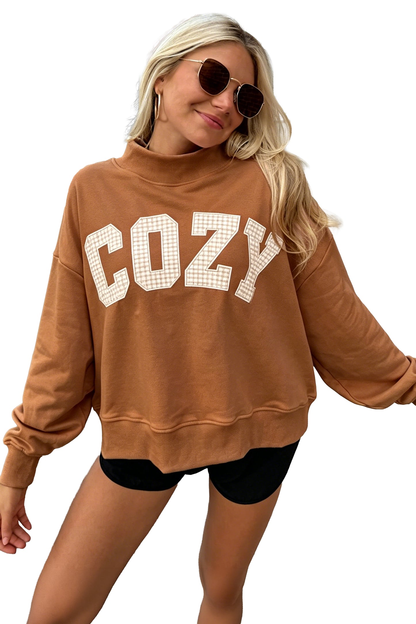 Chestnut Stay Salty Embroidered Long Sleeve Stand Neck Shift Pullover Sweatshirt