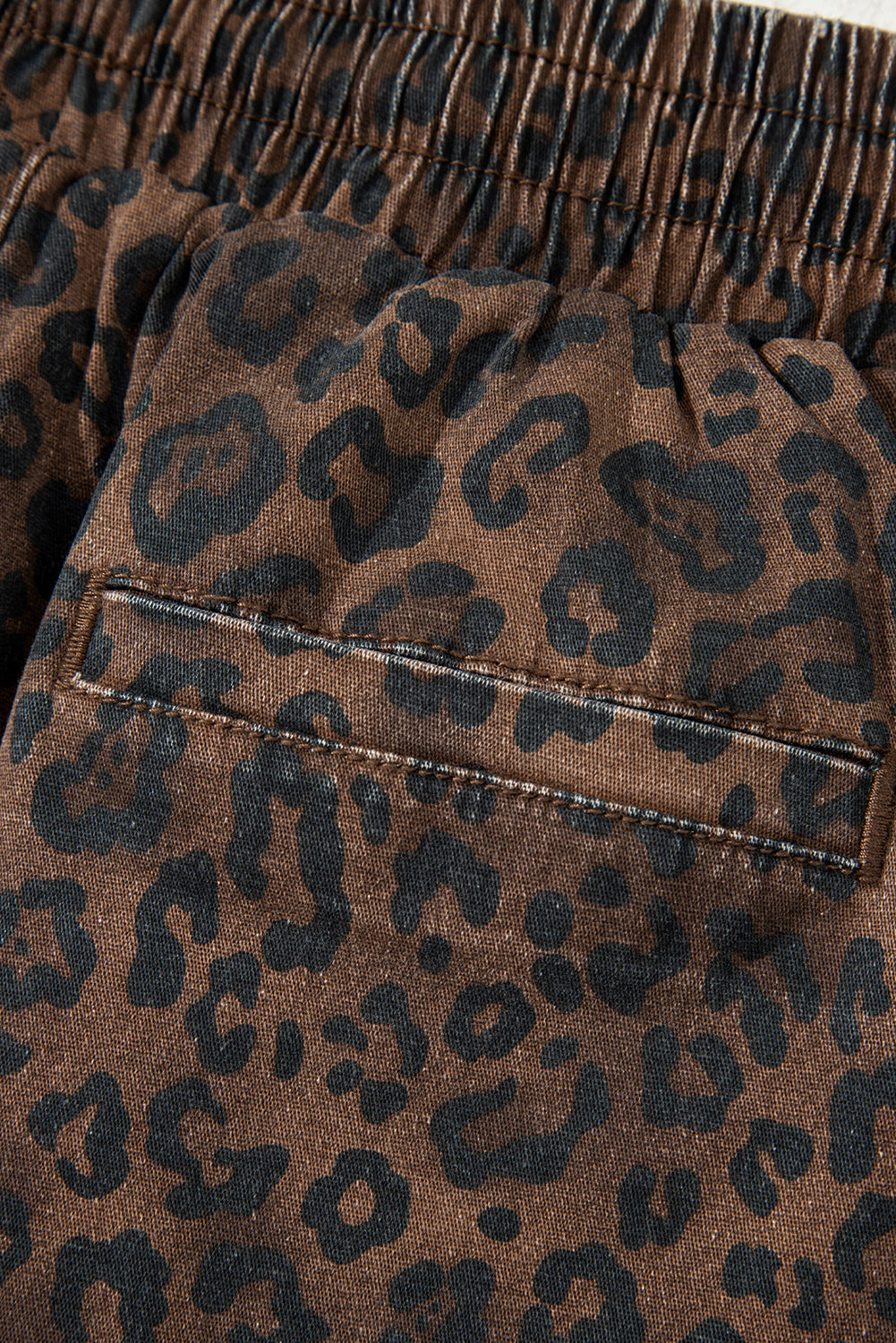 Brown Leopard Print Elastic Waist Drawstring Denim Skort