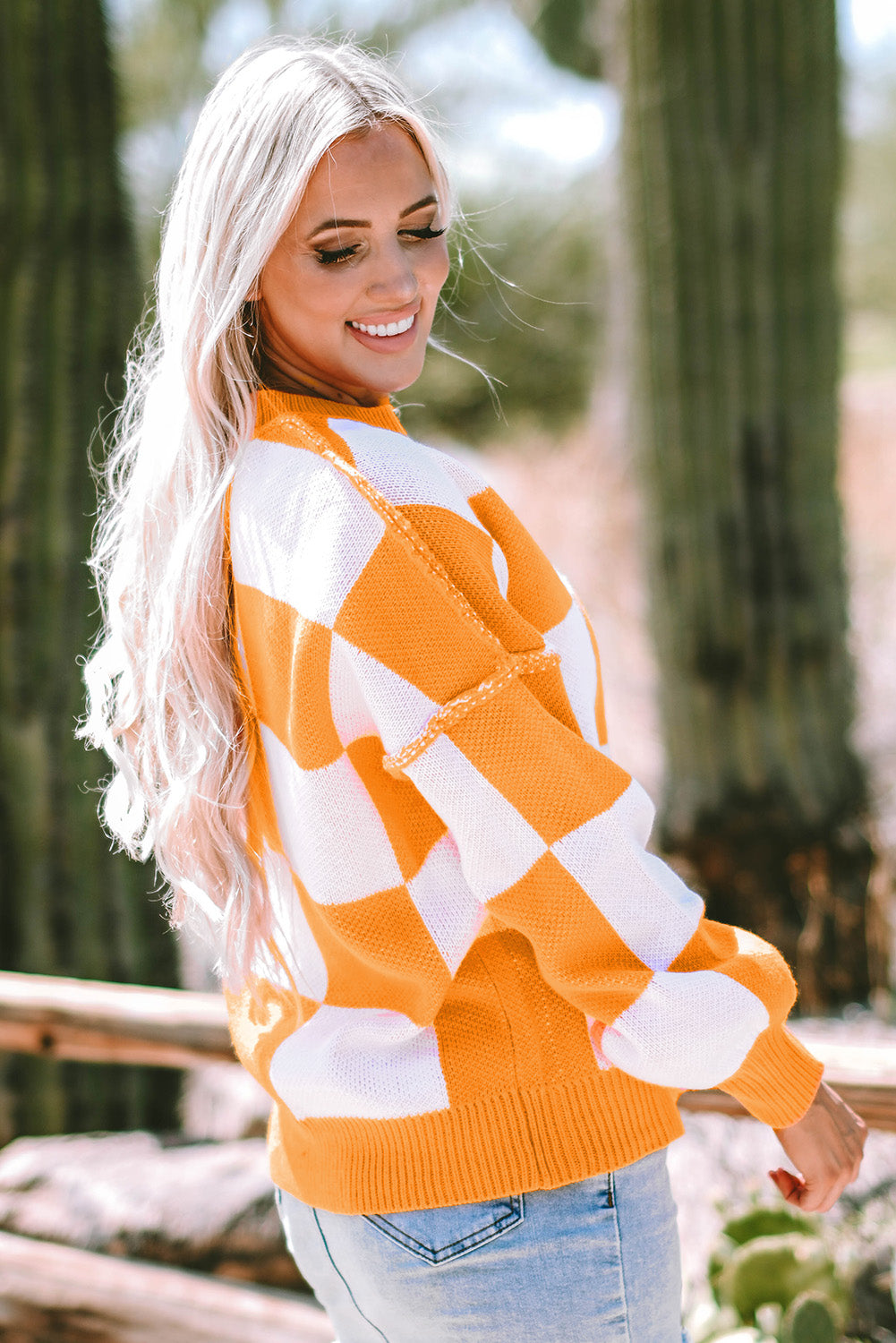 Rosy Checkered Bishop Sleeve Sweater