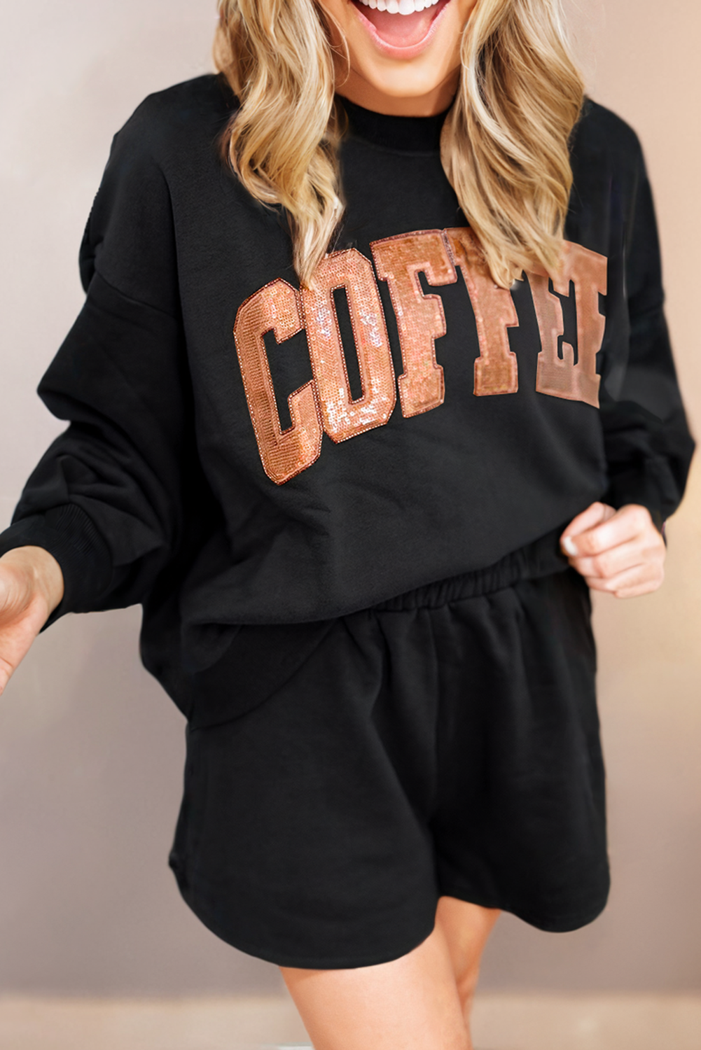 Sequined COFFEE Print Loose Fit Sweatshirt and Shorts Set