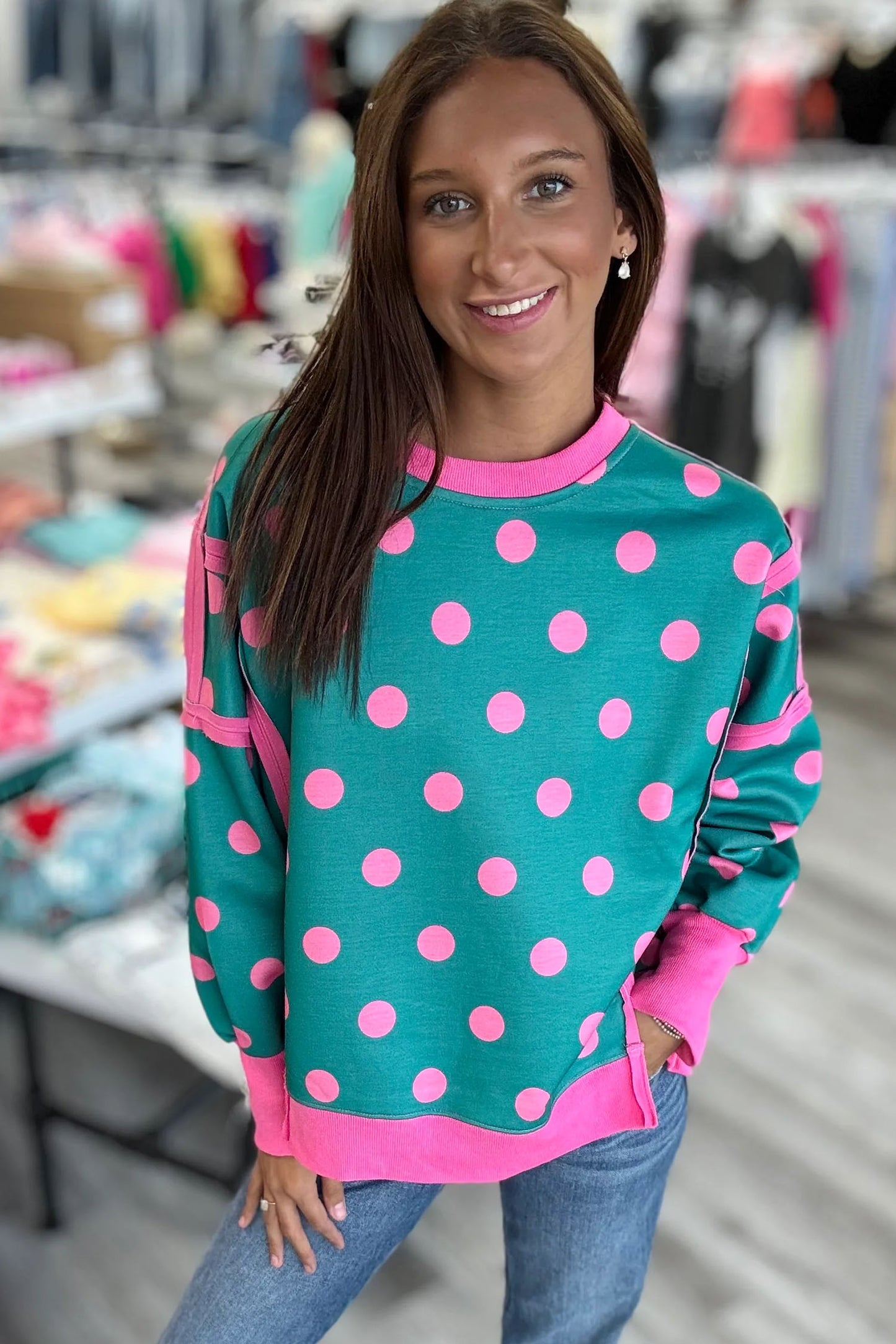Blue Polka Dot Contrast Patchwork Round Neck Baggy Sweatshirt