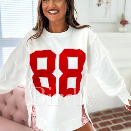 BIRDIE Oversized 88 Graphic Crewneck in White-ready to ship!