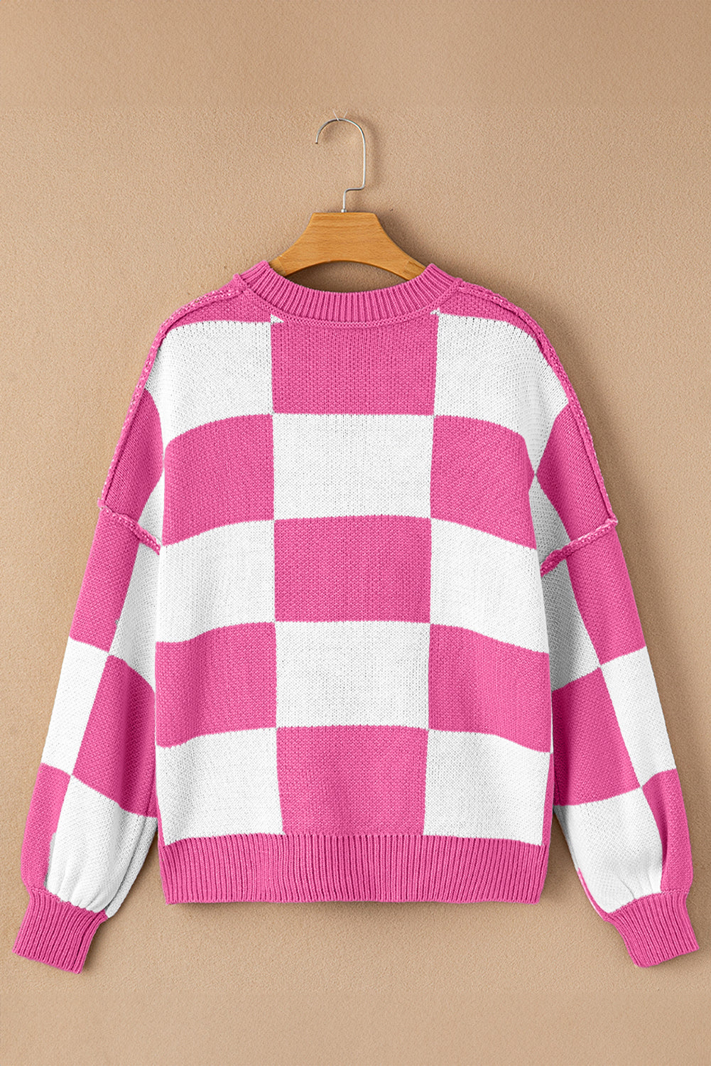 Rosy Checkered Bishop Sleeve Sweater