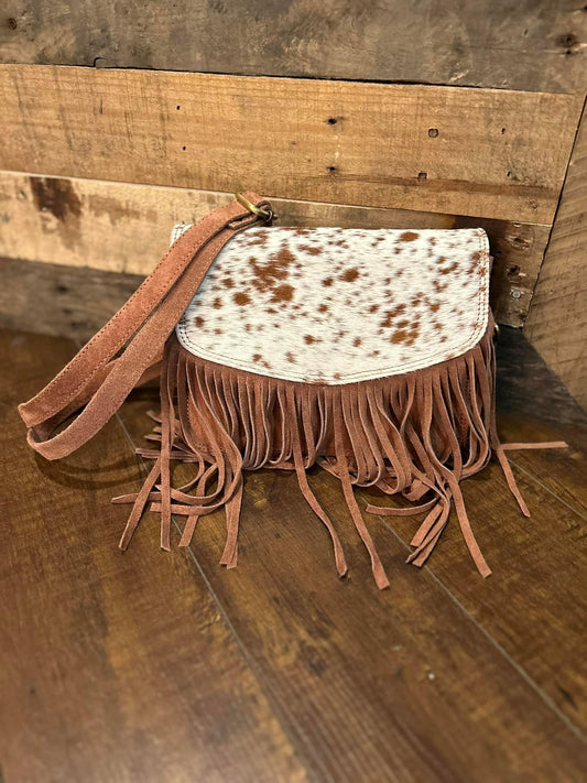 Cowhide and Tan Suede Fringe Western Purse, Crossbody