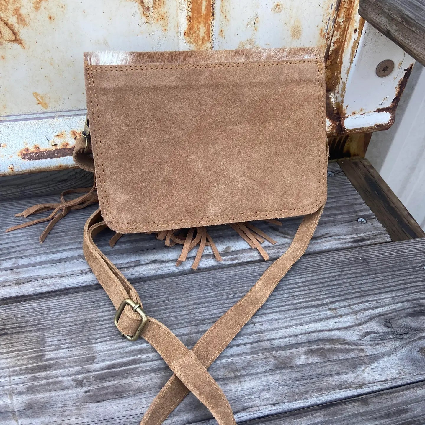 Cowhide and Tan Suede Fringe Western Purse Crossbody