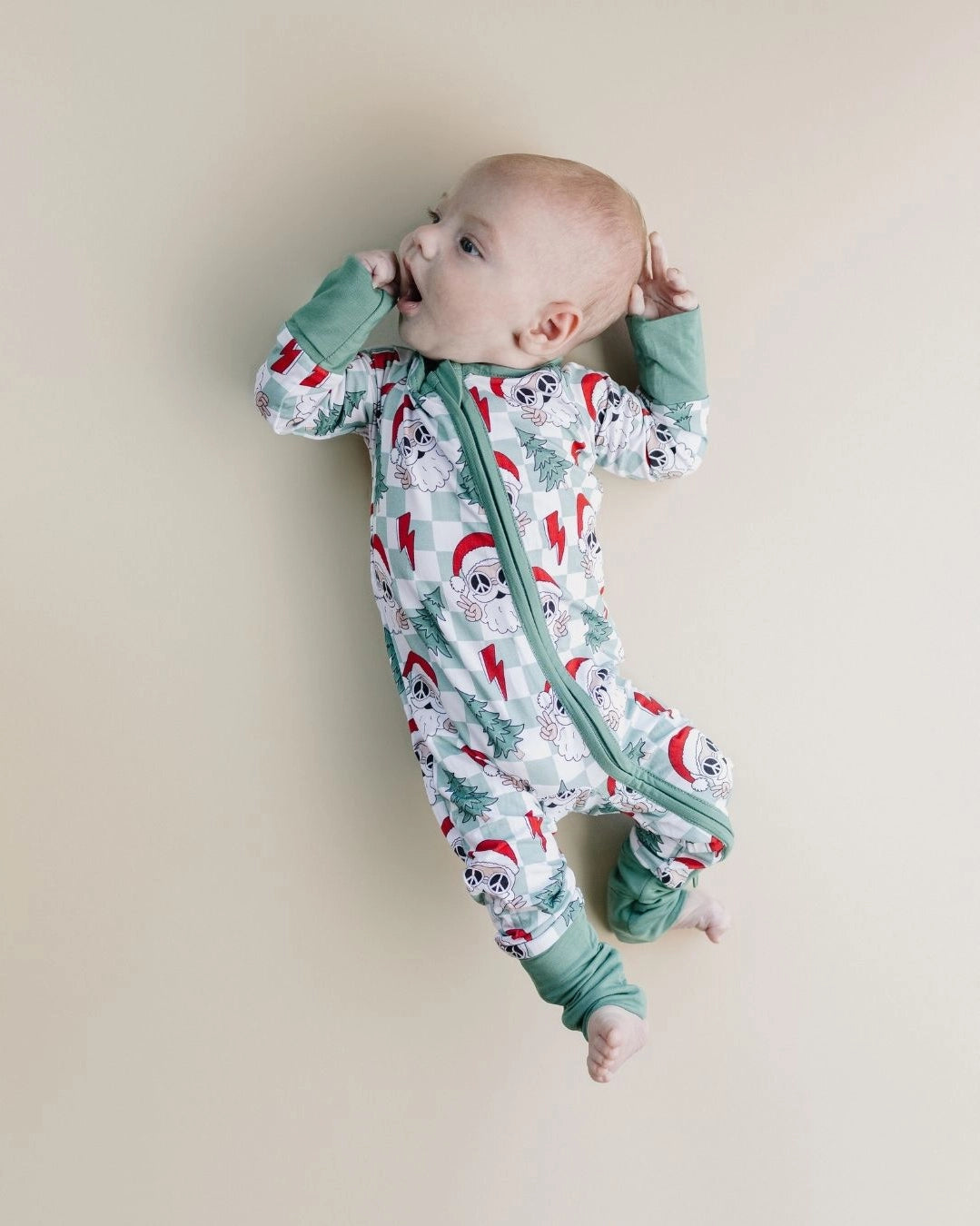 Christmas Baby Bamboo Clothing Zip Romper | Checkered Santa