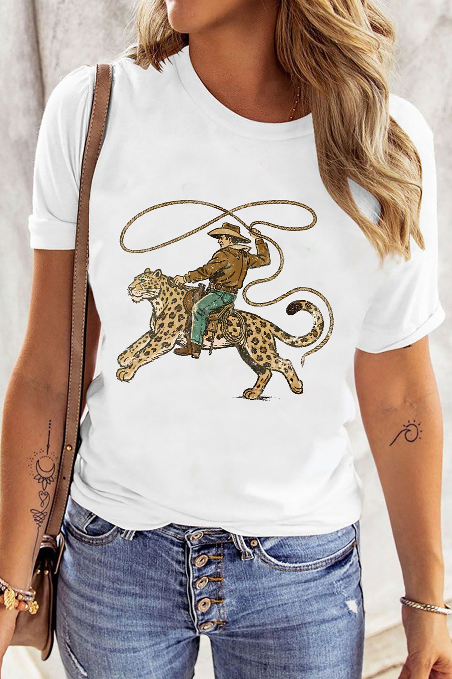 White Leopard Rodeo Cowboy Graphic Casual Tee