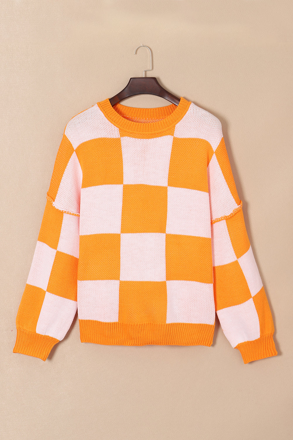 Rosy Checkered Bishop Sleeve Sweater