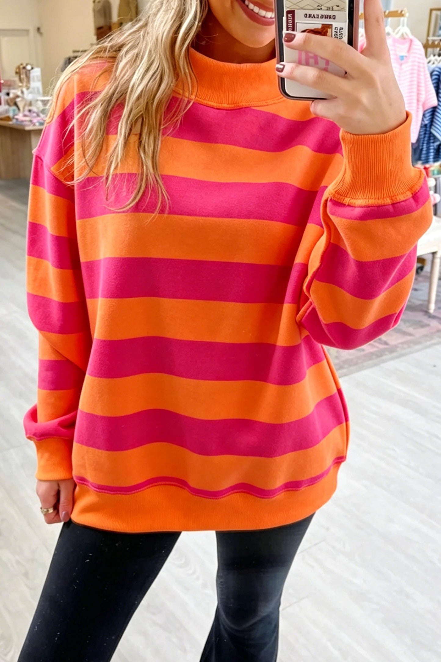 Rose Stripe Colorblock Mock Neck Relaxed Sweatshirt