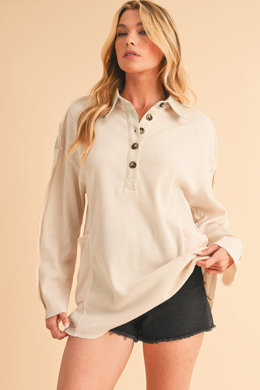 Jet Stream Waffle Patchwork Long Sleeve Henley Top