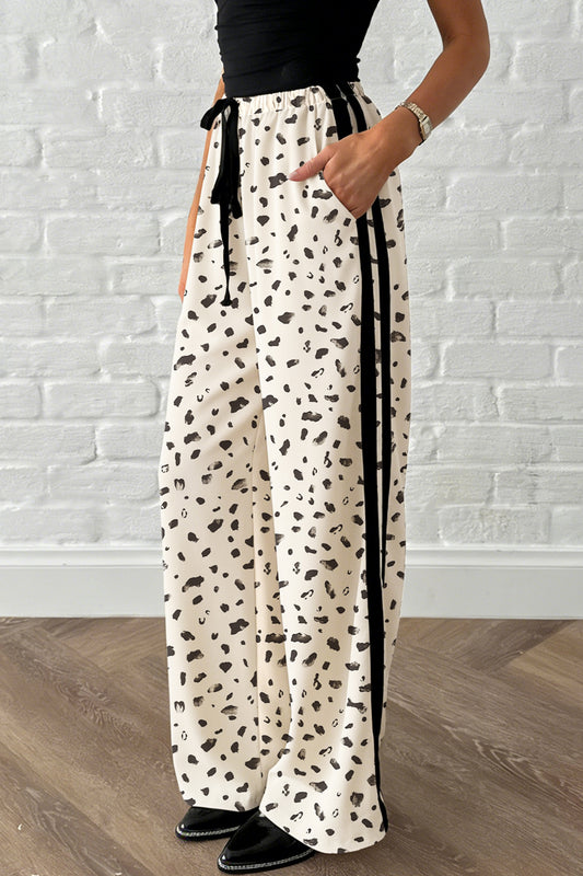 Beige Leopard Print Side Stripe Detail Loose Drawstring Pants pre order