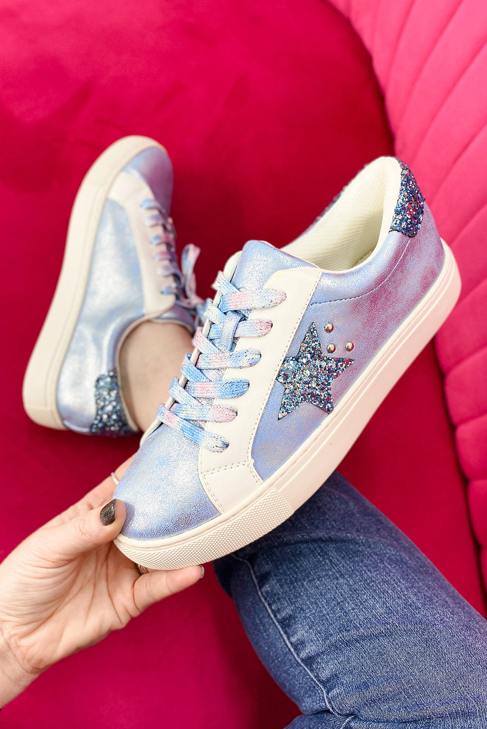 Silvery Star Sequin Patchwork Criss Cross Lace Up Sneakers