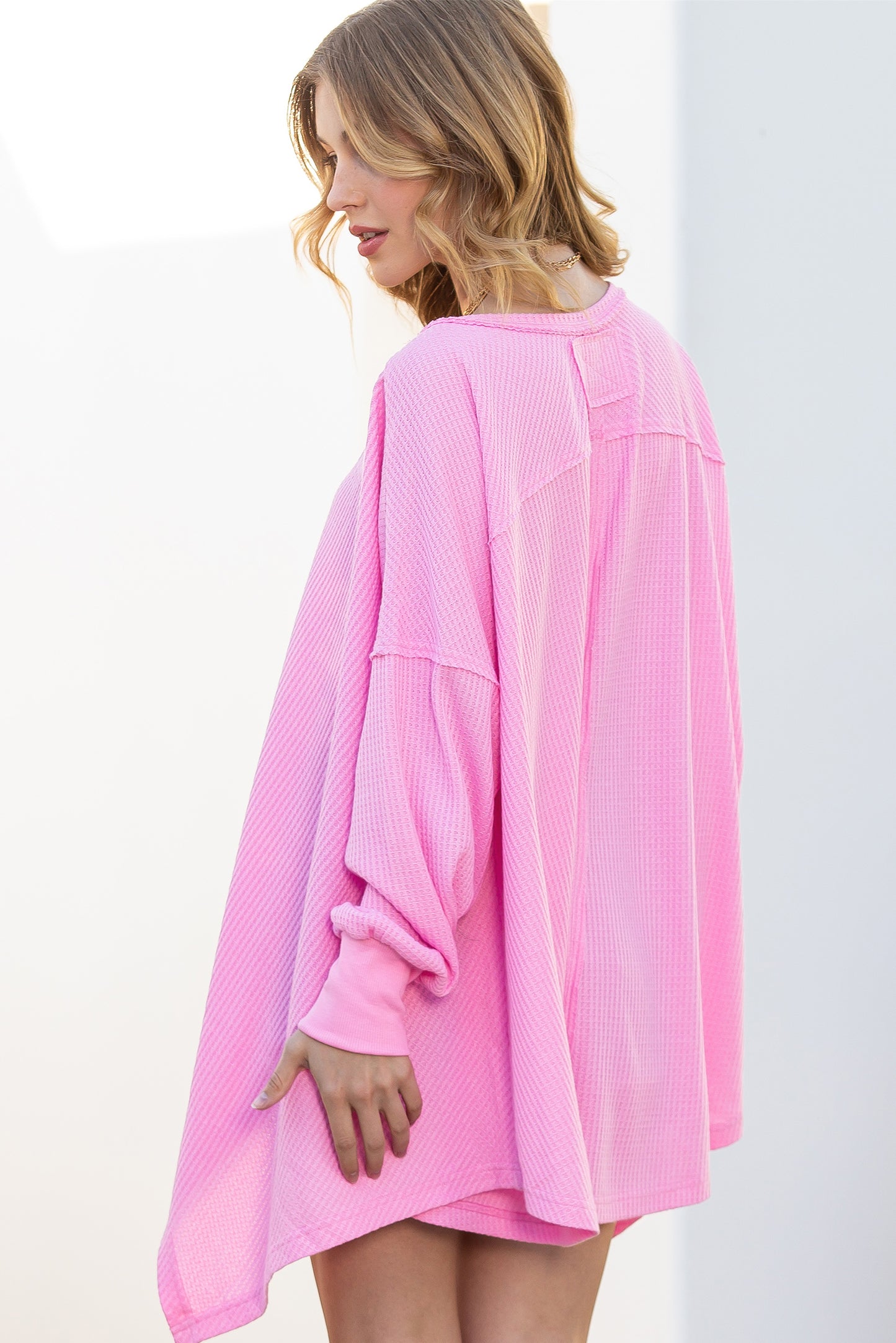 Pink Waffle Textured V-Neck Oversized Top