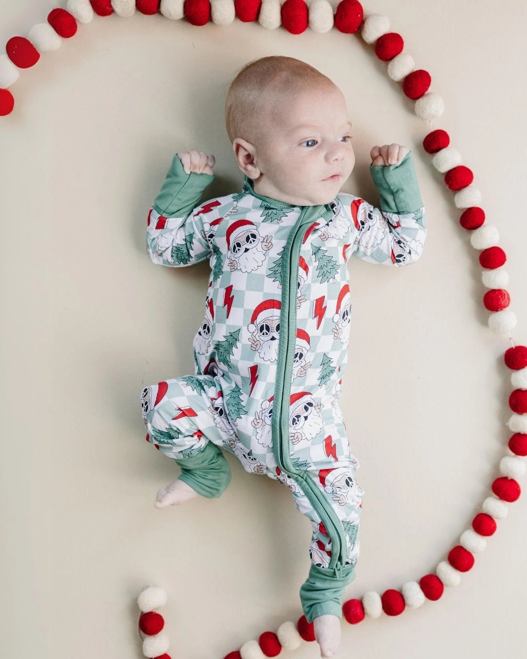 Christmas Baby Bamboo Clothing Zip Romper | Checkered Santa