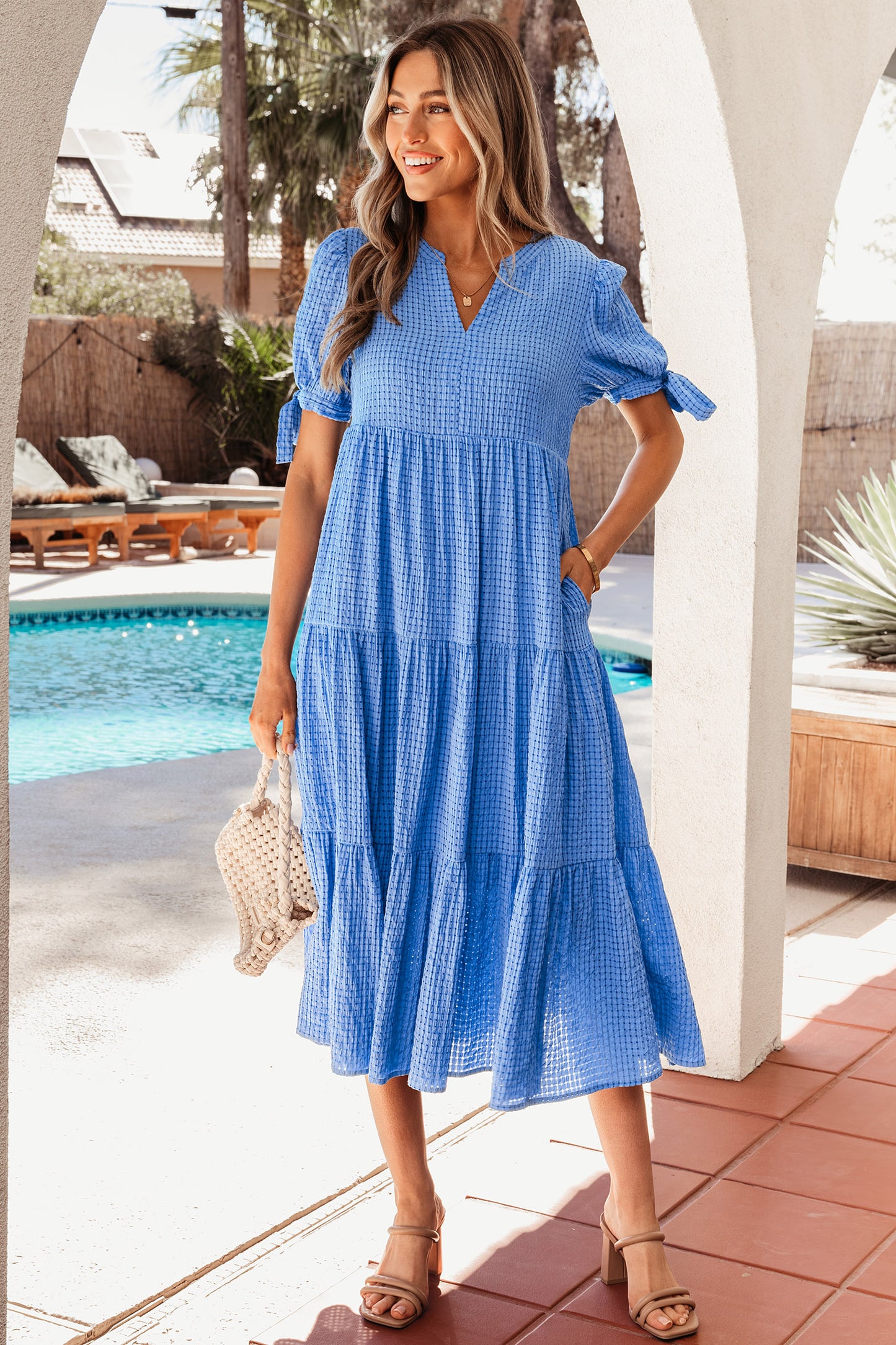Yellow Gingham Textured Bow Tie Short Sleeve Tiered Midi Dress