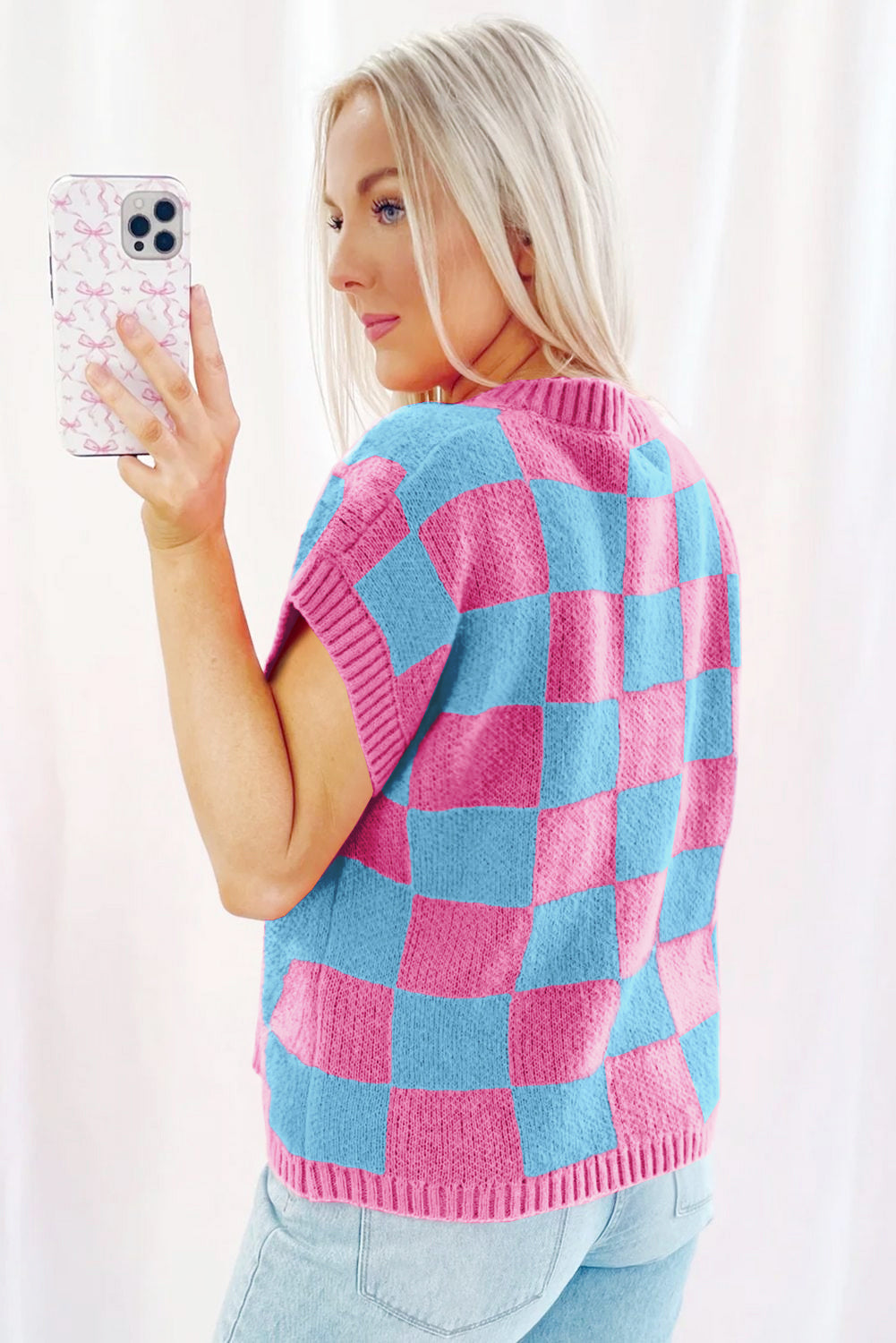 Strawberry Pink Colorblock Plaid Pattern Ribbed Trim Sweater Tank Top