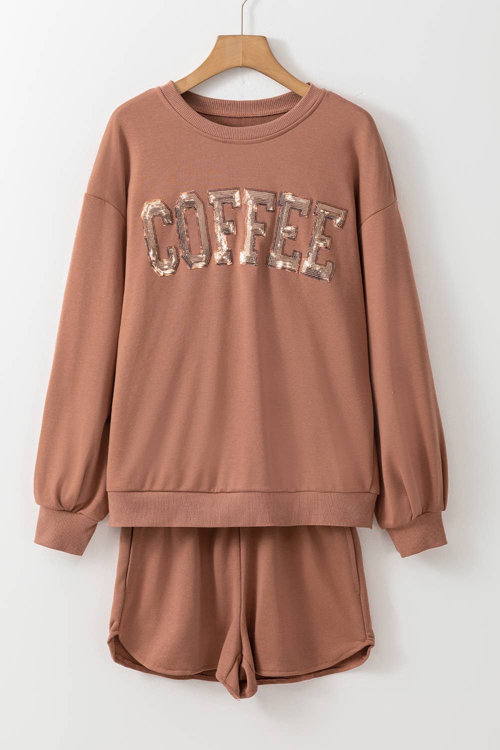 Sequined COFFEE Print Loose Fit Sweatshirt and Shorts Set