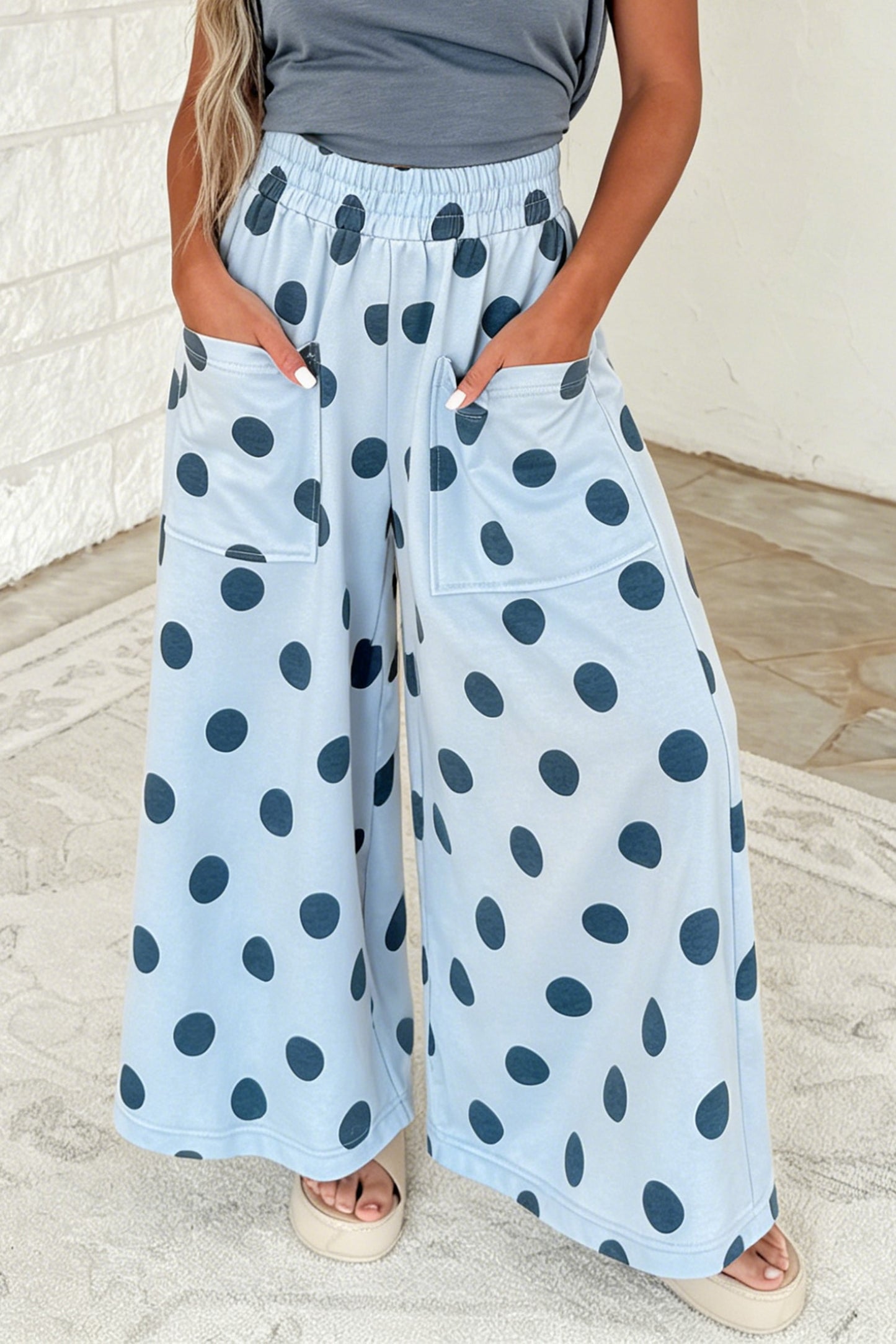 Sky Blue Polka Dot Elastic Waist Pocketed Wide Leg Pants pre order