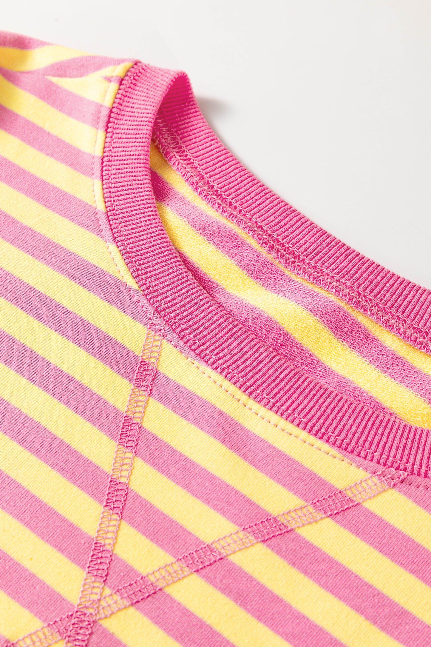 Yellow Stripe Color Block Trim Round Neck Long Sleeve Top Casual Shorts 2pcs Set