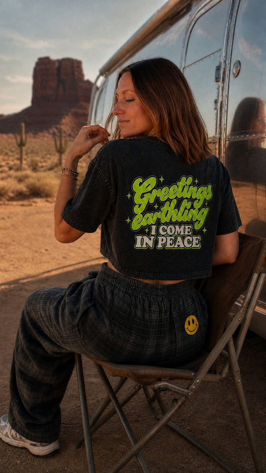 Greetings Earthling I come in Peace Alien Crop Tee