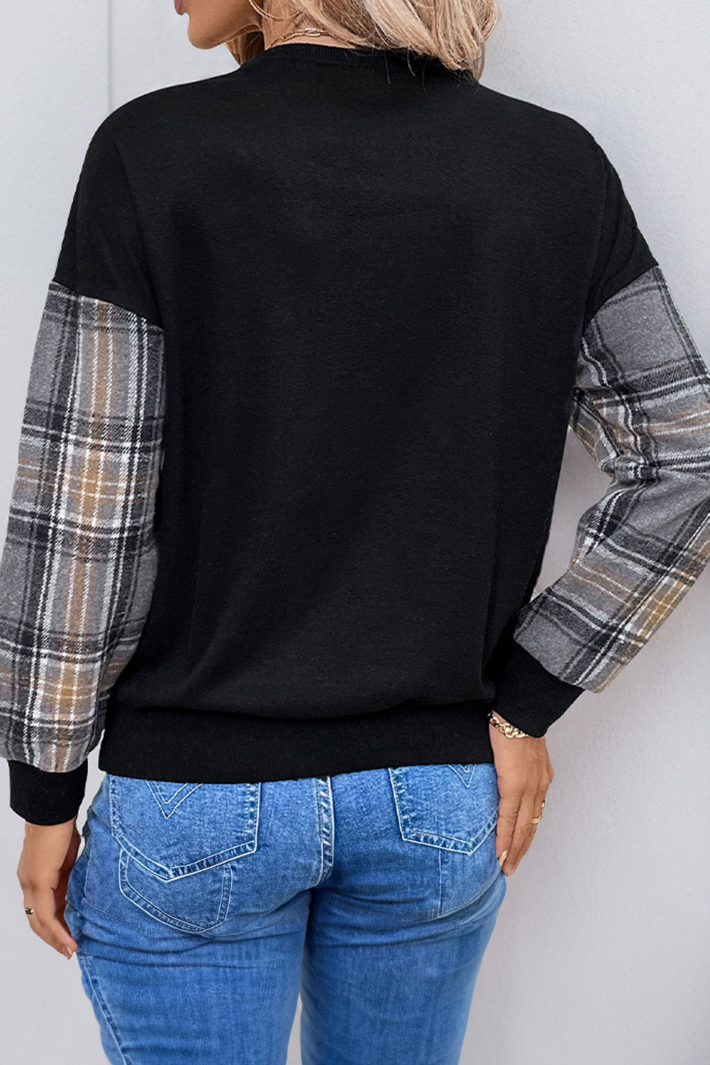 Black Plaid Patchwork Crew Neck Sweatshirt